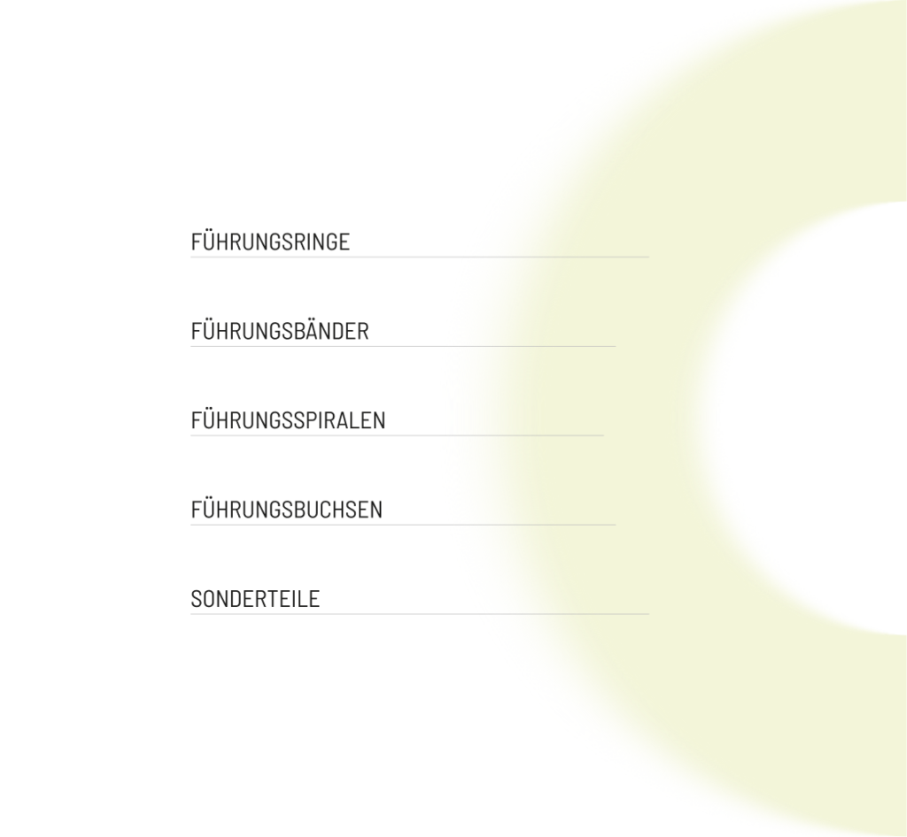 gelbe Halbkreis Grafik mit den Beschriftungen Führungsringe, Führungsbänder, Führungsspiralen, Führungsbuchsen und Sonderteile